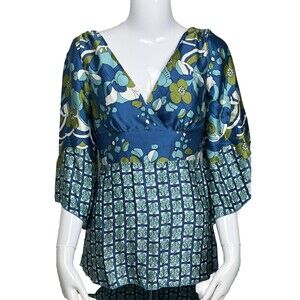 Silk Babydoll Blue Boho Blouse 1060 Sherman Mod Floral Flare Sleeve XS Soft Girl